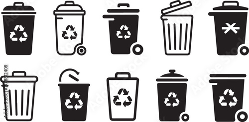 Variety of waste and recycling bin icons with different symbols