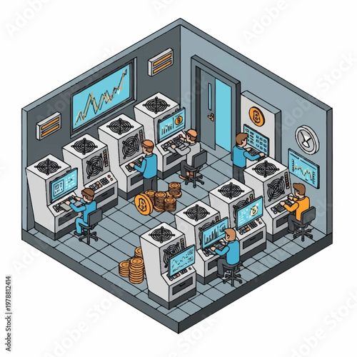 Isometric illustration of a cryptocurrency mining farm with workers.