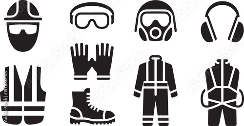 Collection of safety and protective gear icons for industrial and emergency use