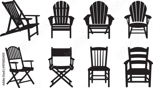 Assorted styles of outdoor wooden chairs and lounge seating arrangements