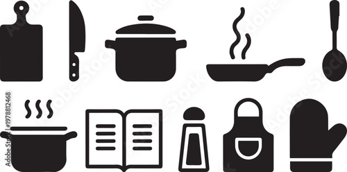 Iconic collection of kitchen and cooking essentials symbols