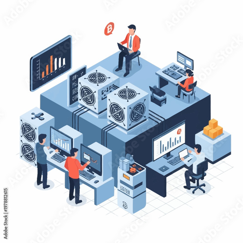 Cryptocurrency mining farm with people working on computers and servers.