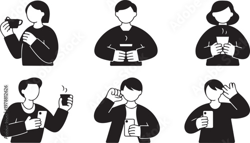 Six illustrations depicting different ways people interact with their devices and surroundings