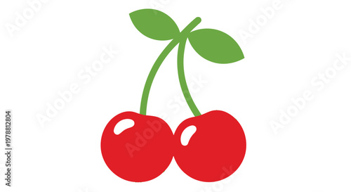 A digital illustration depicts two bright red cherries connected by a curved green stem