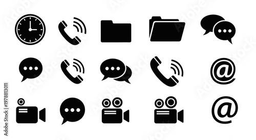 Black communication icons featuring clocks phones and messages silhouette