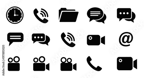 Communication icons featuring clocks phones and messages a dark silhouette