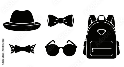 Fashion accessories including a hat bow tie and backpack silhouette