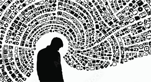 person overwhelmed by social media icons tunnel