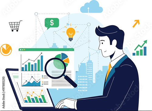 Business professional analyzing market data on a laptop with analytical tools floating around Vector