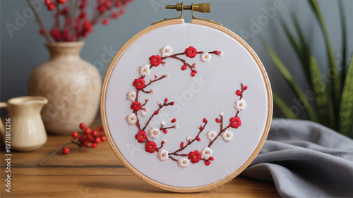 embroidery hoop with red and white flowers on wooden table