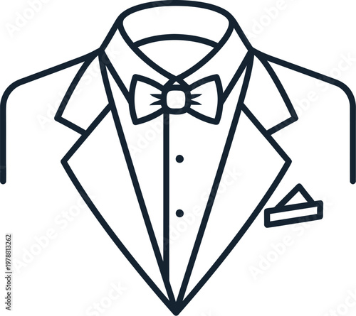 Elegant tuxedo jacket featuring a crisp shirt and bow tie drawn in a minimalist line art style isolated on a soft neutral cream color background