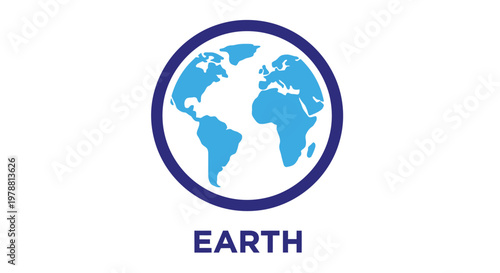 A simplified blue graphic representation of earth within a circular frame with the word earth underneath