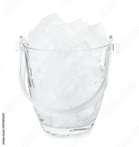Ice cubes in glass bucket isolated on white