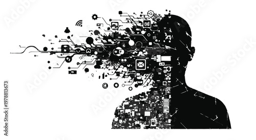 Digital human mind with technology and social media icons