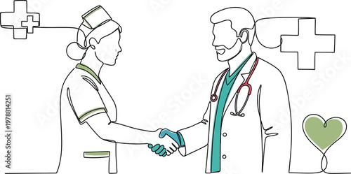 Continuous one line drawing of a male doctor and female nurse shaking hands to show their professional collaboration and support within a modern medical environment