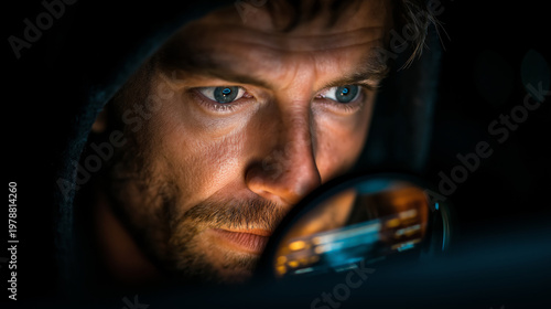 A man carefully examines an object through a magnifying glass in a dark environment