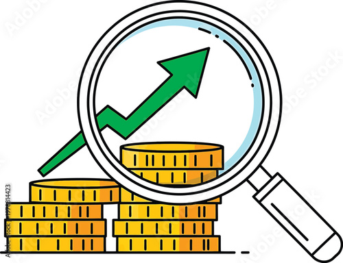 Magnifying glass focusing on growing financial investments with coins Vector