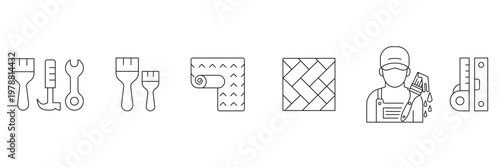Painting and home renovation tool icons set including painter worker wallpaper brush level and floor tile pattern outline vector illustration