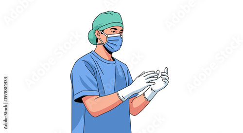 A surgeon in surgical attire, wearing a mask and gloves, preparing for a medical procedure