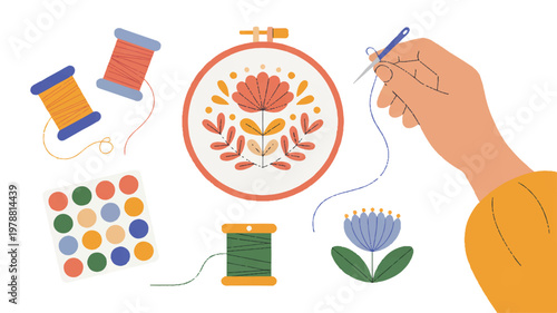 hand embroidering a colorful flower design with threads and needle