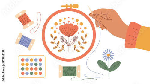 hand embroidering a flower design on fabric with colorful threads and needle