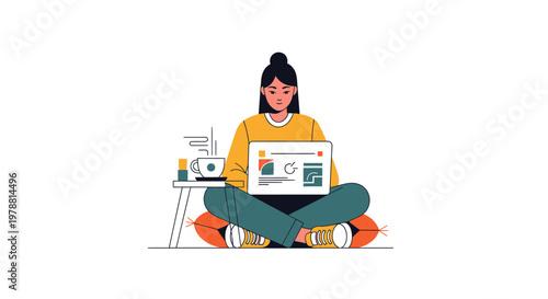 Modern flat illustration of a focused young woman working remotely on her laptop, comfortably seated on the floor at home, symbolizing flexible work and digital lifestyle