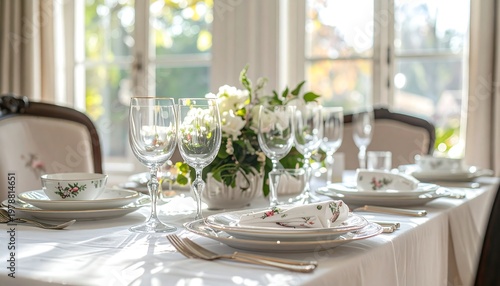 Elegant Dining Table Setting with Floral Centerpiece.