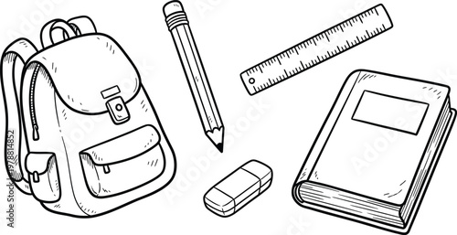 School supplies sketch backpack pencil eraser ruler and notebook