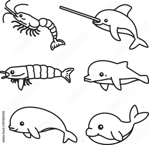 A black and white illustration of various sea creatures on transparent background