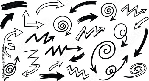 Collection of hand drawn black and white arrows and spiral shapes