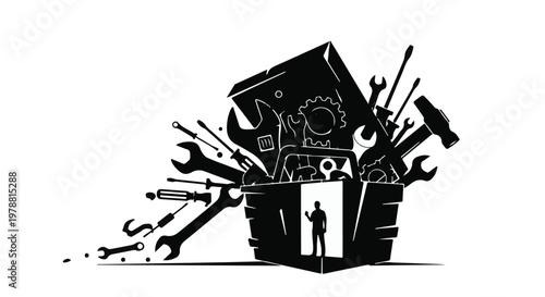 mechanic workshop tools and engine illustration