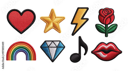 embroidered patches of various shapes and symbols