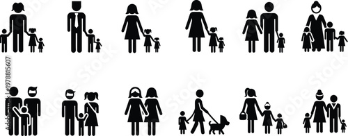 Set of diverse family and people silhouette icons with silhouette children parenting lifestyle community together
