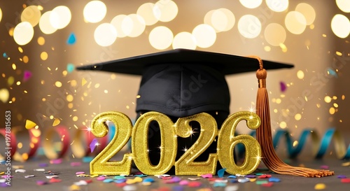 Graduation cap atop the year 2026, confetti and bokeh lights, signifying future success