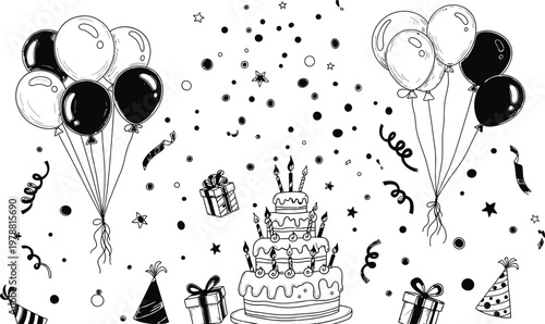 Celebratory sketch balloons cake and confetti for a special occasion