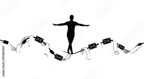 silhouette of a person balancing on a line graph with falling money