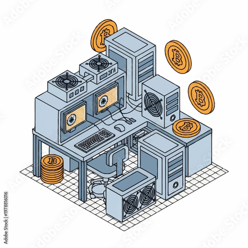 Cryptocurrency Mining Rig Setup With Bitcoin Coins.