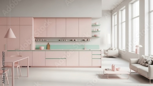 Minimalist pastel pink and mint green kitchen and living area with natural light living room interior