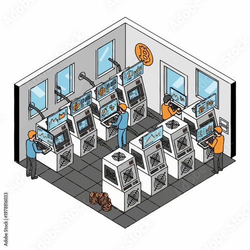 Cryptocurrency Mining Farm with Computers and Workers.