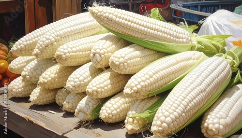 Freshly Harvested White Corn Cobs Displayed on a Wooden Table.