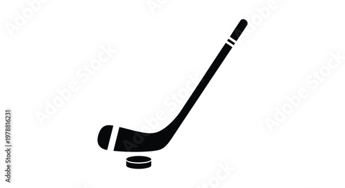 A simple black silhouette depicts a hockey stick positioned above a puck on white