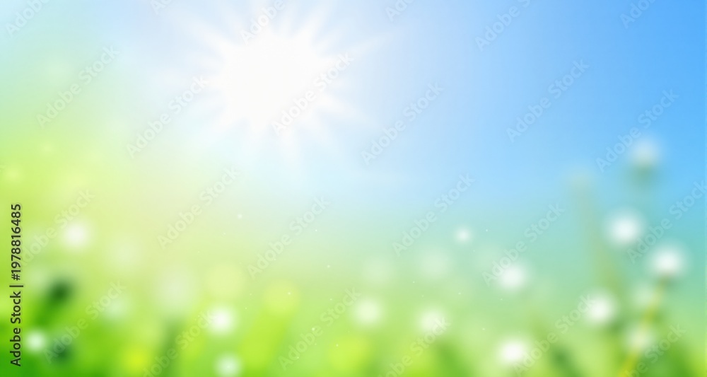 Fototapeta premium Light green, blue spring background with sun shine and blurry li 