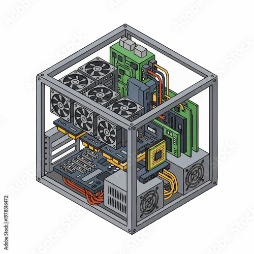 Computer hardware components inside a cube frame.