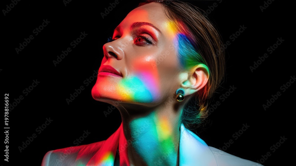 Fototapeta premium Creative Portrait of Woman with Vibrant Rainbow Light Effects on Face