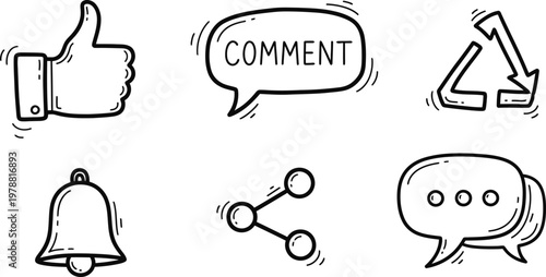 Social media icons sketch likes comments shares and notifications