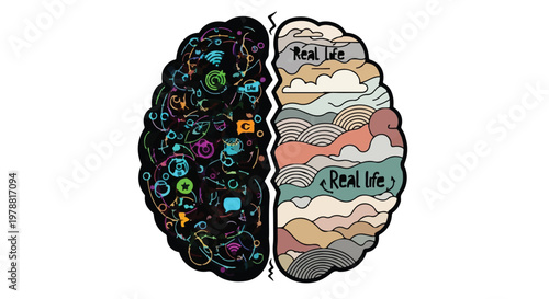 brain with two hemispheres realistic and social media icons