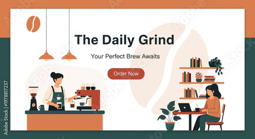 Coffee Shop Scene: Barista Making Coffee & Customer Working on Laptop