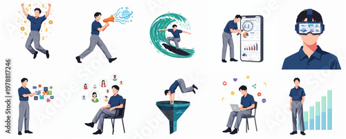 Flat Style Illustration Set of Young Man Doing Activities Icon Collection