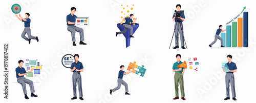Flat Illustration Set of Young Man Performing Various Business and Creative Actions