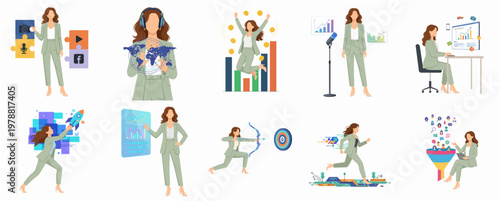 Flat Illustration Set of Successful Businesswoman Character in Various Activity Concept